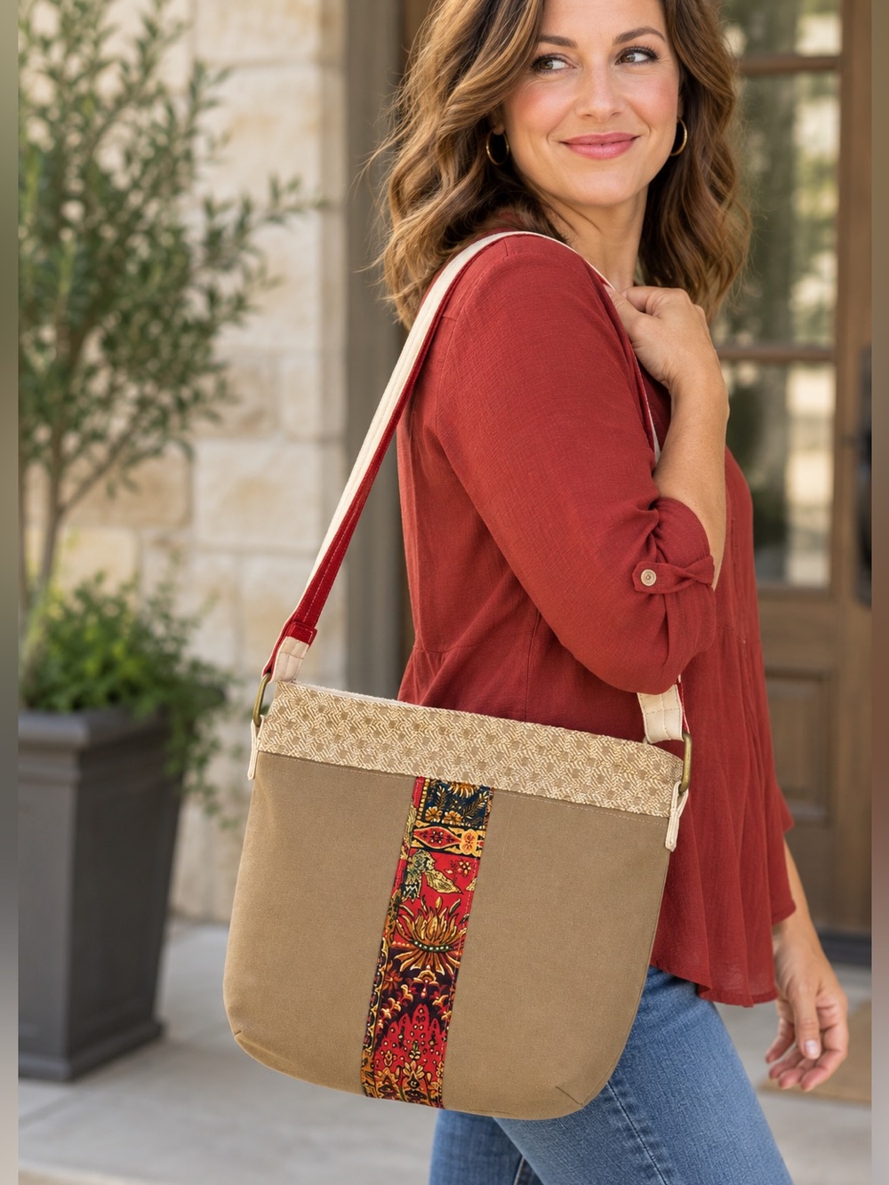 NEW Handmade Boho Shoulder Crossbody Bag Tan Red Floral Canvas Purse
